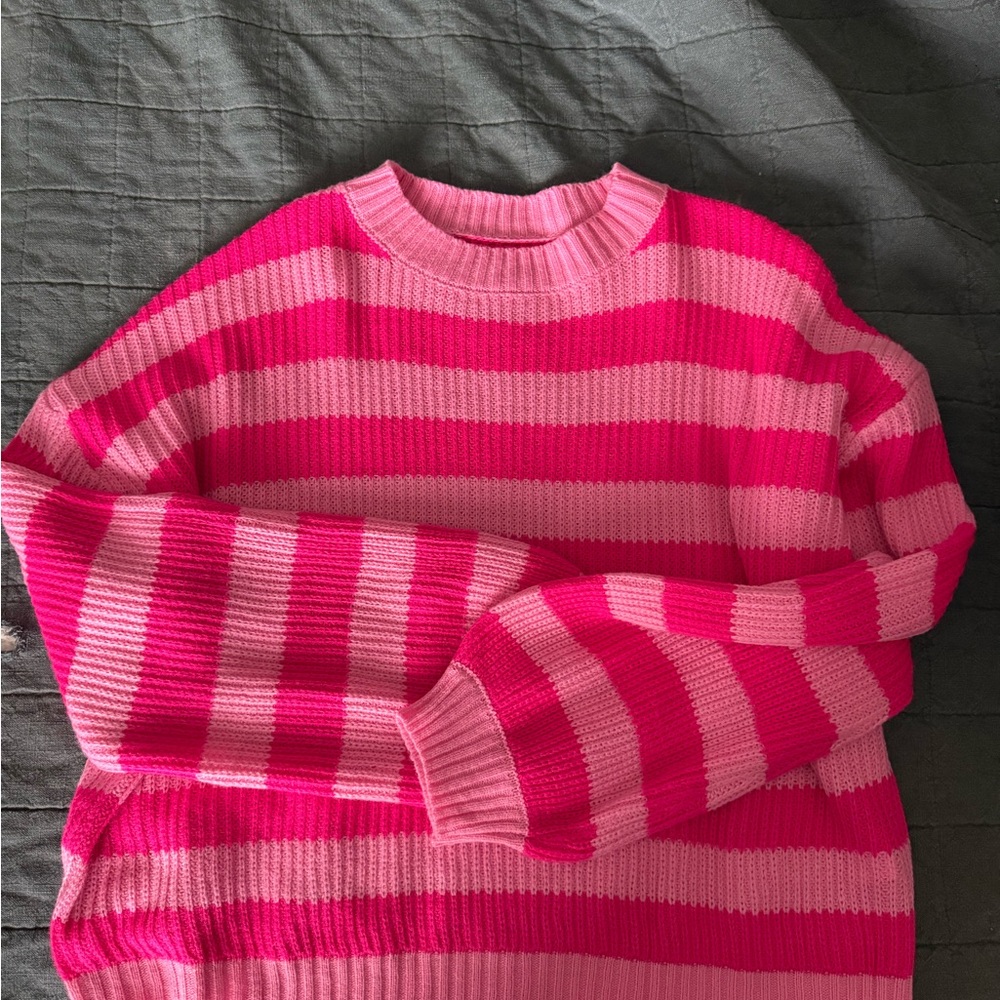 SHEIN Pink Crew Neck Striped Sweater